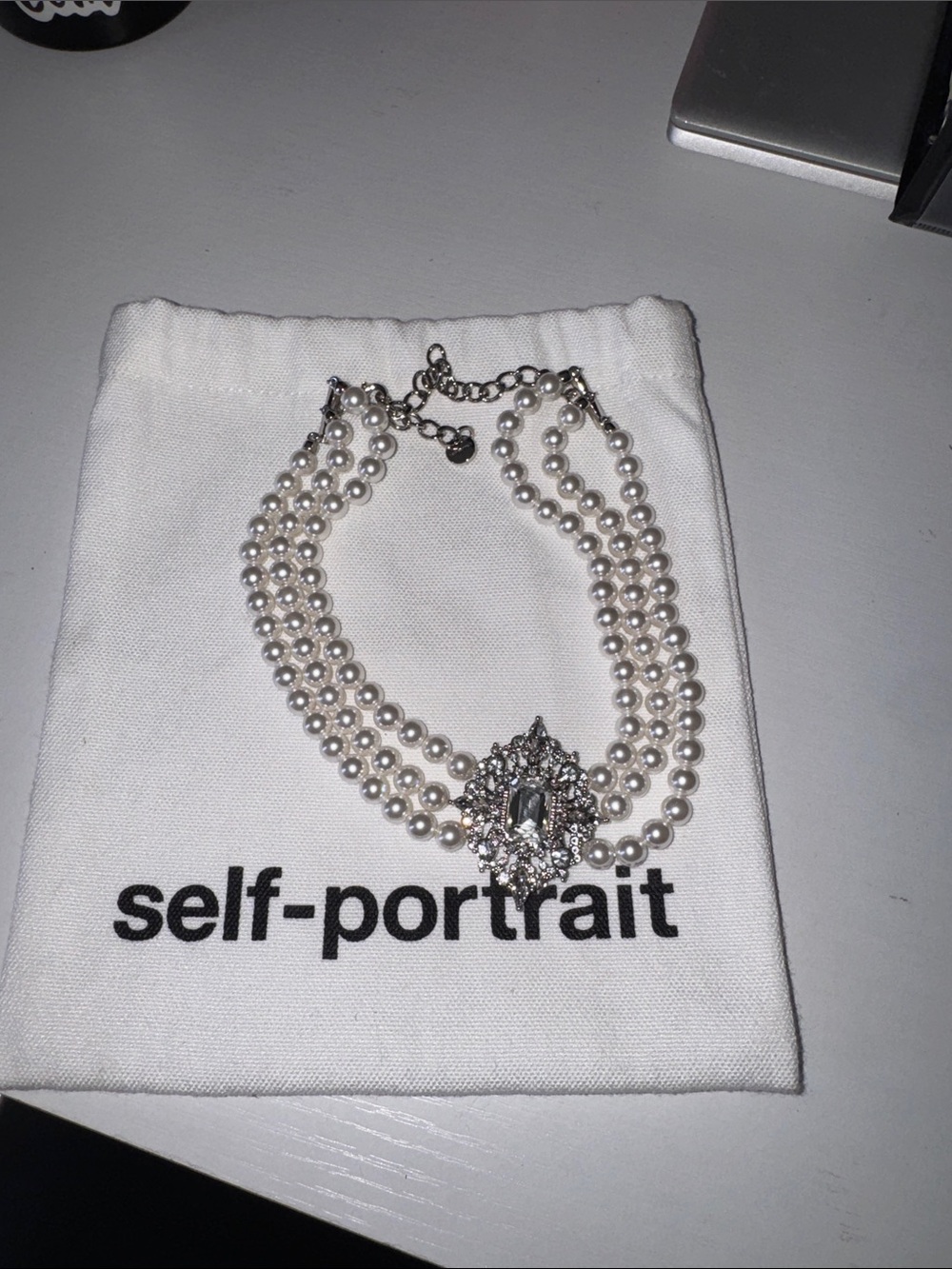Self-Portrait Triple-Strand Pearl Choker Necklace with Silver Crystal Medallion